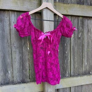 Dreamgirl Hot Pink Magenta Floral Lace Lingerie Sheer Puff Sleeve Top Coquette